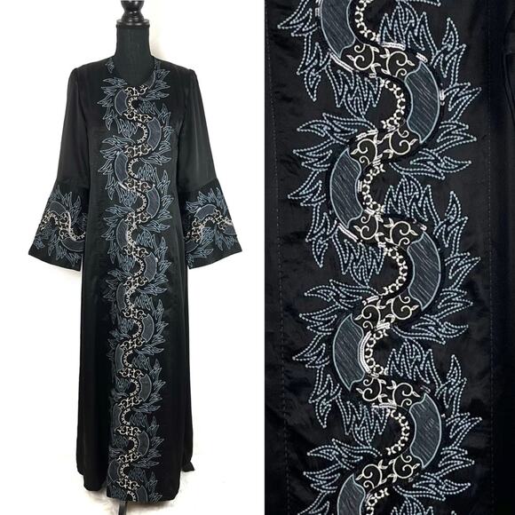 Vintage Sajeda Kaftan Caftan Dress Satin Embroider Sequin Wide Sleeve Black M - Picture 1 of 8